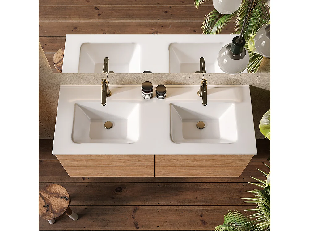 Placard De Salle De Bain Éthéré, Finition En Chêne Naturel, 4 Tiroirs Et Double Lavabo