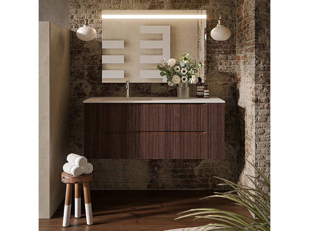 Lynea Badkamerkast Geribbelde Versie, Canaletto Walnootafwerking, 2 Lades En Wasbak Links