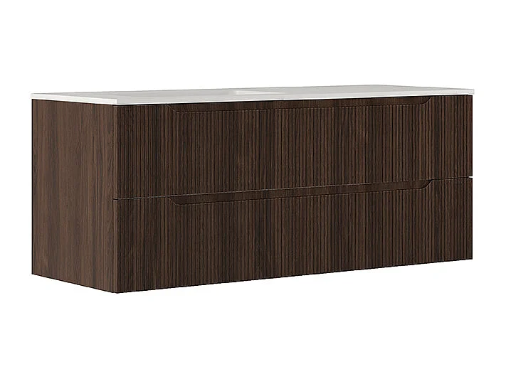 Lynea Badkamerkast Geribbelde Versie, Canaletto Walnootafwerking, 2 Lades En Wasbak Links