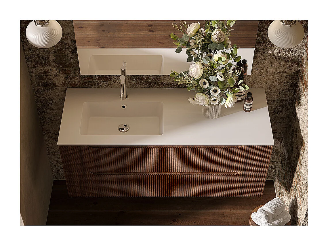 Lynea Badkamerkast Geribbelde Versie, Canaletto Walnootafwerking, 2 Lades En Wasbak Links