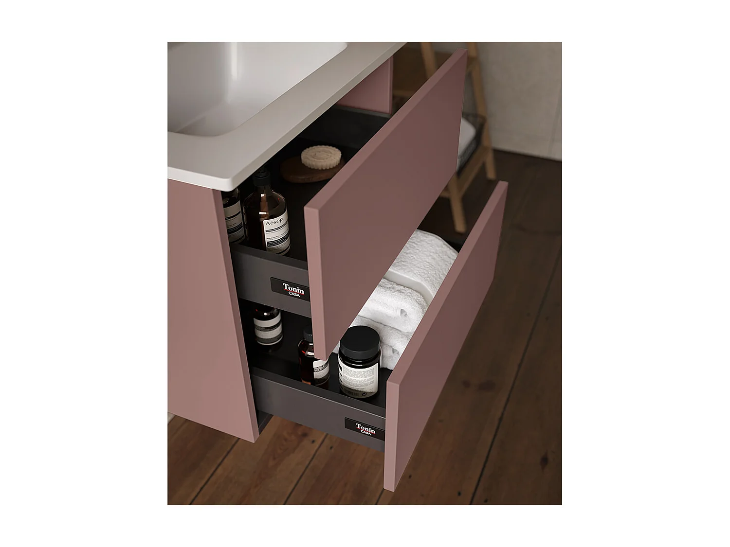 Etherische Badkamerkast, Bruine Afwerking, 2 Lades En Centrale Wastafel