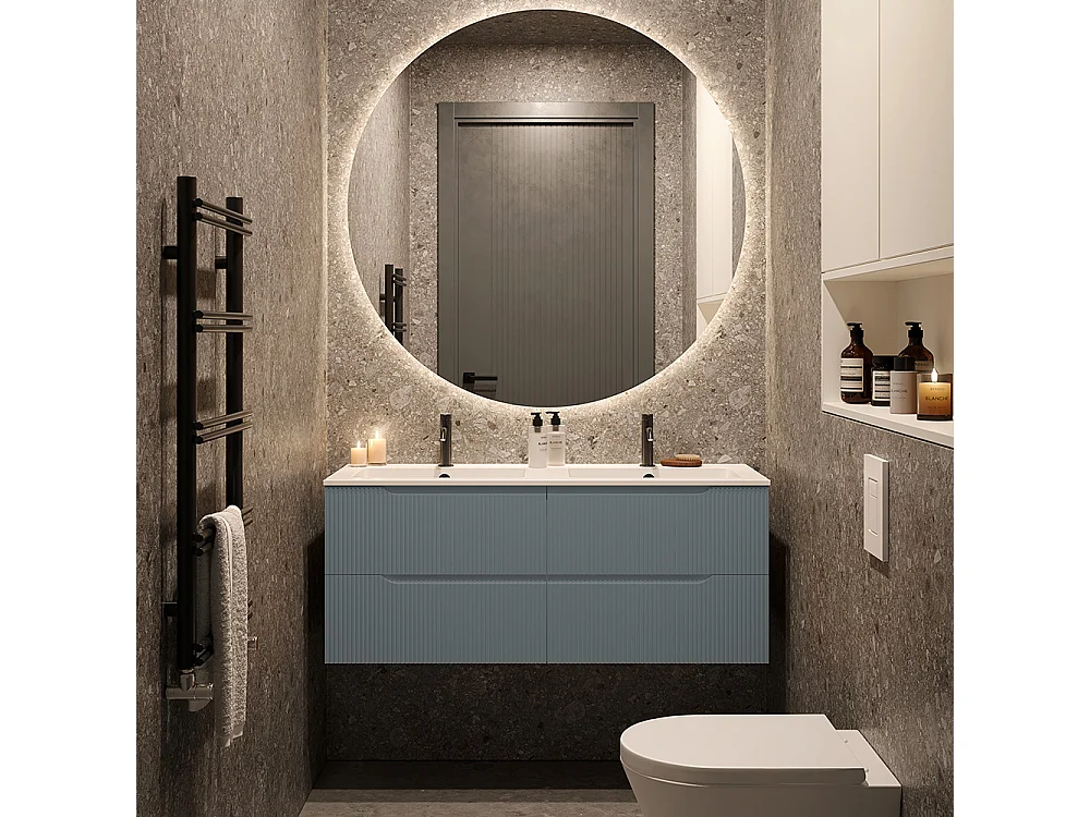 Version Lynea Avec Armoire De Salle De Bain Nervurée, Finition Gris Foncé, 4 Tiroirs Et 2 Lavabos