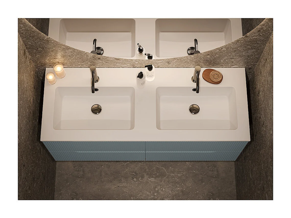 Version Lynea Avec Armoire De Salle De Bain Nervurée, Finition Gris Foncé, 4 Tiroirs Et 2 Lavabos