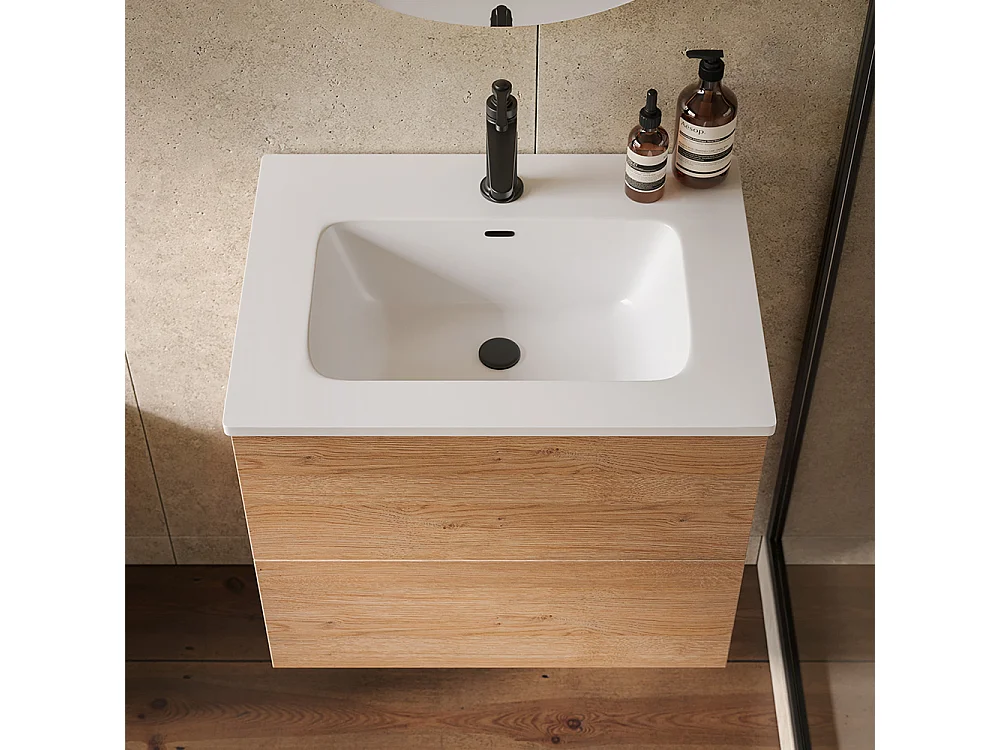 Etherische Badkamerkast, Natuurlijke Eikenhouten Afwerking, 2 Lades En Centrale Wastafel