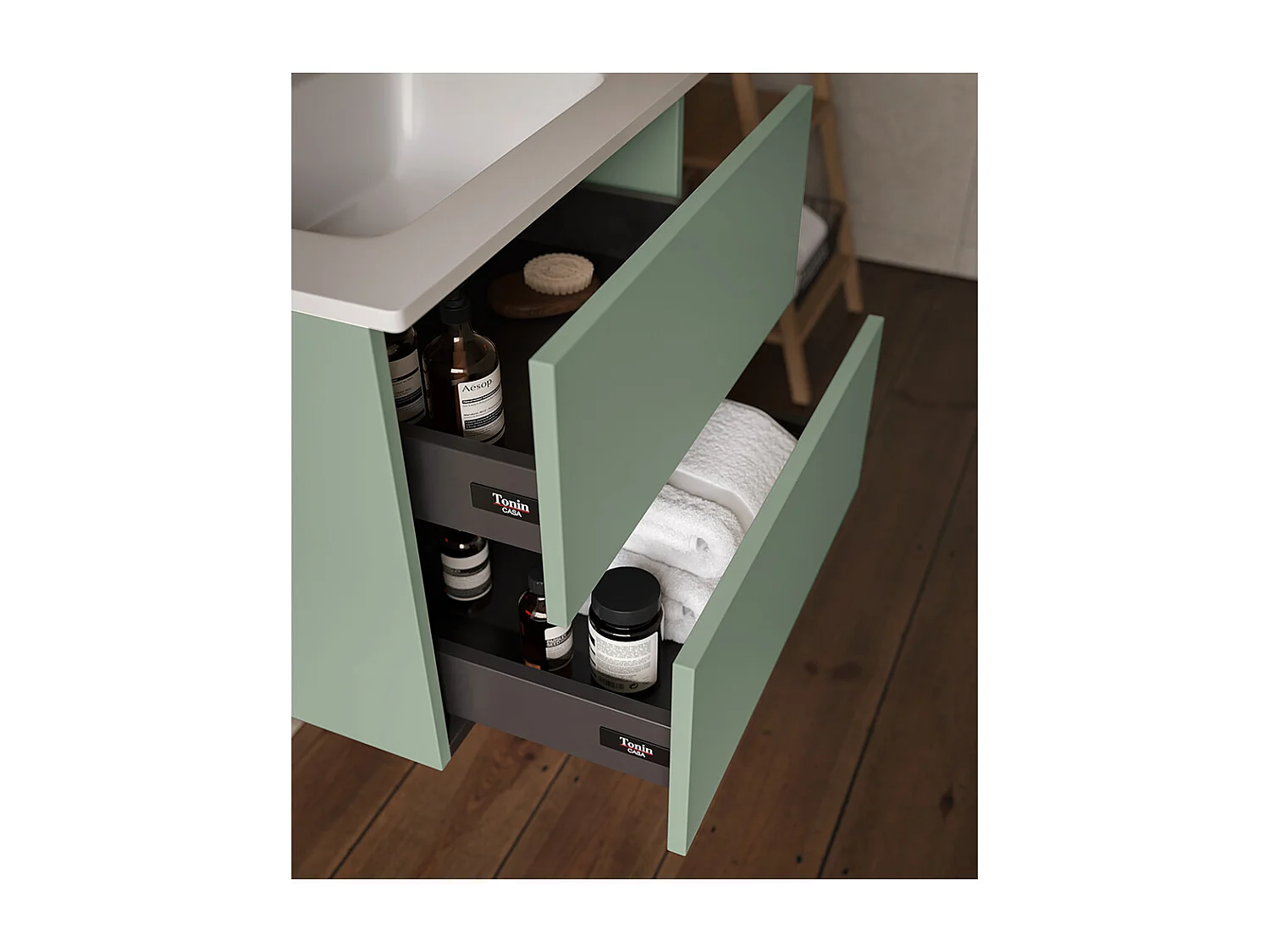 Etherische Badkamerkast, Duifgrijs Afwerking, 2 Lades En Centrale Wastafel