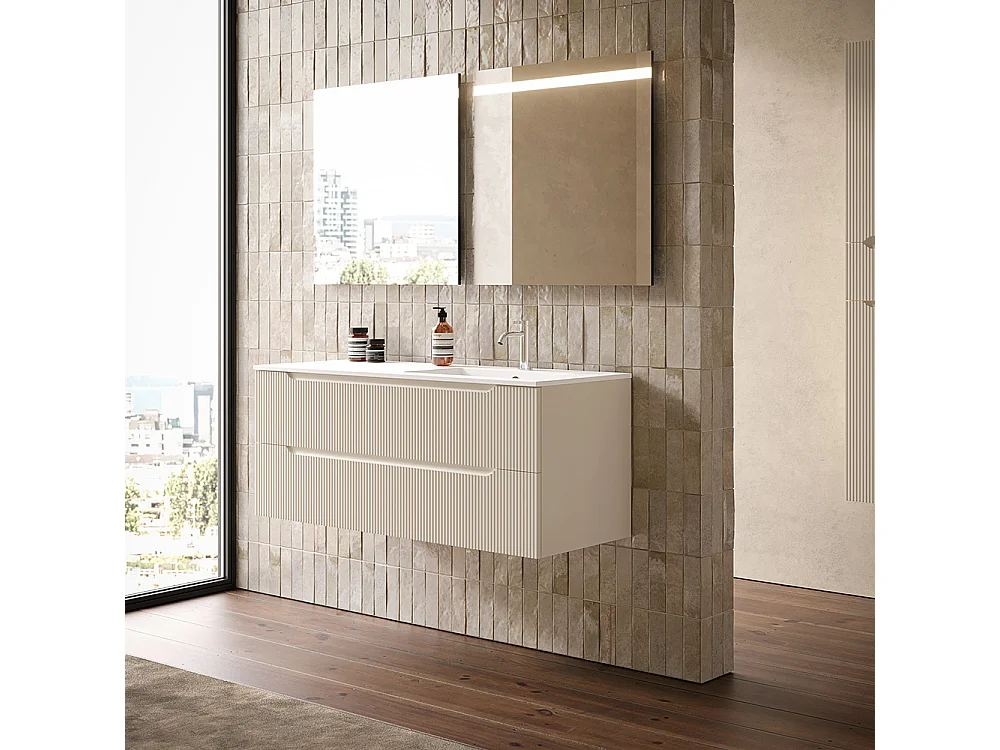 Lynea Badkamerkast Geribbeld Versie, Witte Afwerking, 2 Lades En Wastafel Rechts