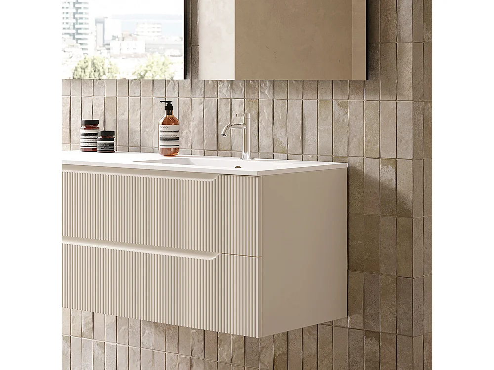 Lynea Badkamerkast Geribbeld Versie, Witte Afwerking, 2 Lades En Wastafel Rechts