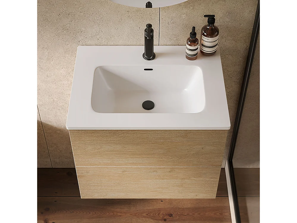 Etherische Badkamerkast, Gebleekte Eikenhouten Afwerking, 2 Lades En Centrale Wastafel