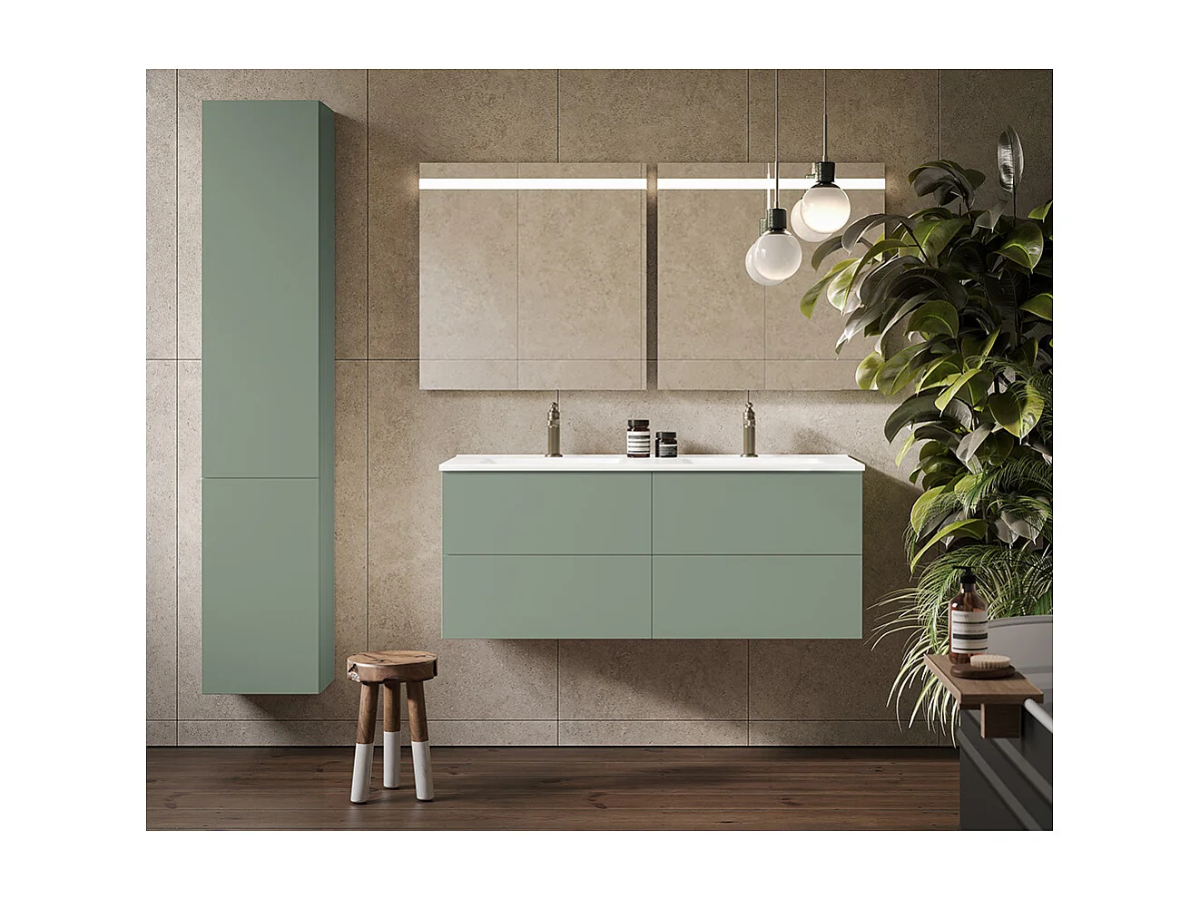 Etherische Badkamerkast, Salieafwerking, 4 Lades En Een Dubbele Wastafel.