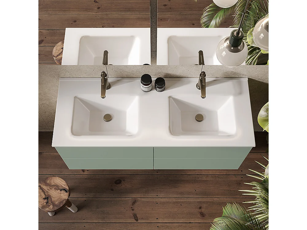 Etherische Badkamerkast, Salieafwerking, 4 Lades En Een Dubbele Wastafel.