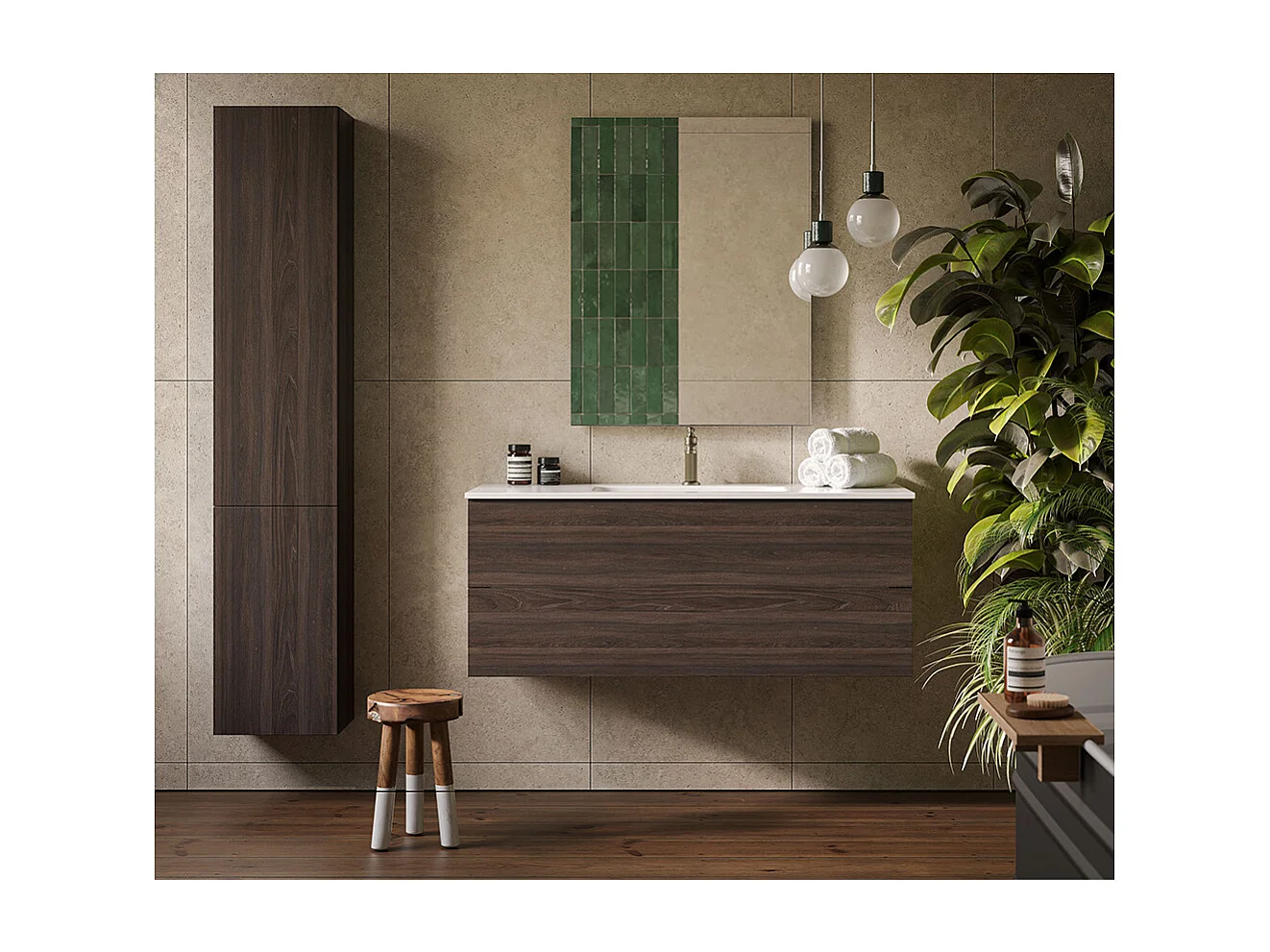 Etherische Badkamerkast, Donker Eikenhout Afwerking, 2 Lades En Centrale Wastafel