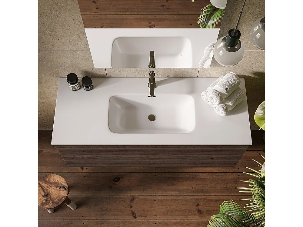 Etherische Badkamerkast, Donker Eikenhout Afwerking, 2 Lades En Centrale Wastafel