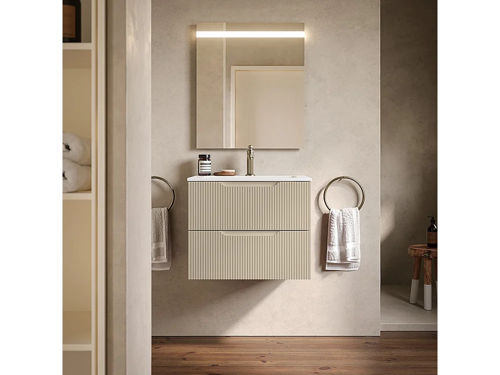 Lynea Badkamerkast Geribbelde Versie, Dove Grey Afwerking, 2 Lades En Centrale Wastafel