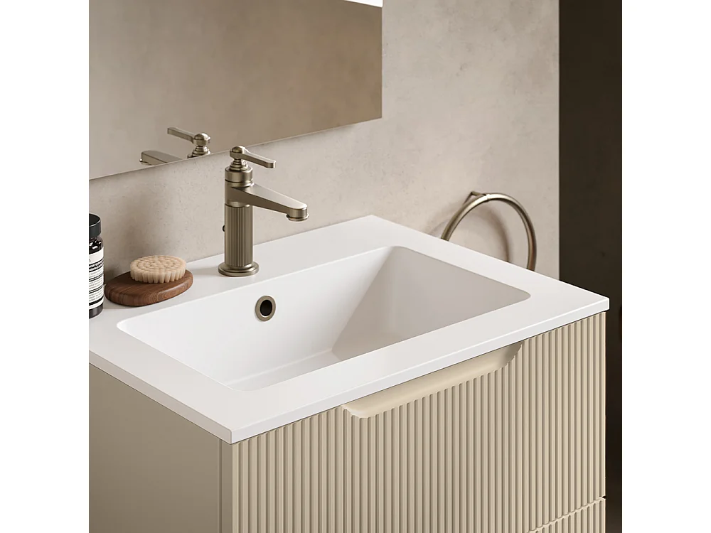 Lynea Badkamerkast Geribbelde Versie, Dove Grey Afwerking, 2 Lades En Centrale Wastafel