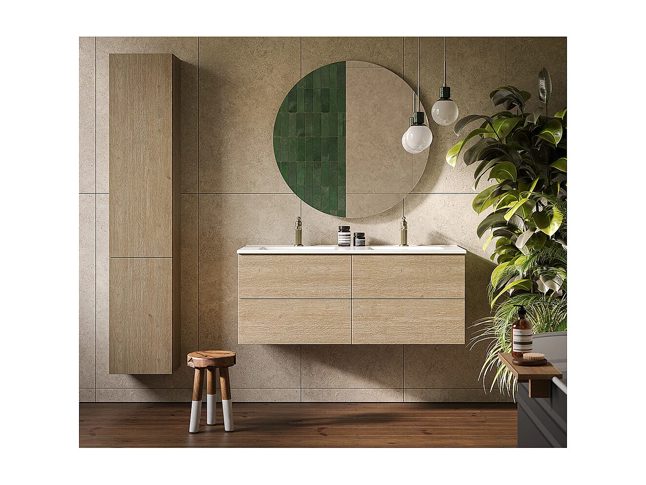 Meuble De Salle De Bain Éthérée, Finition Chêne Blanchi, 4 Tiroirs Et Double Lavabo