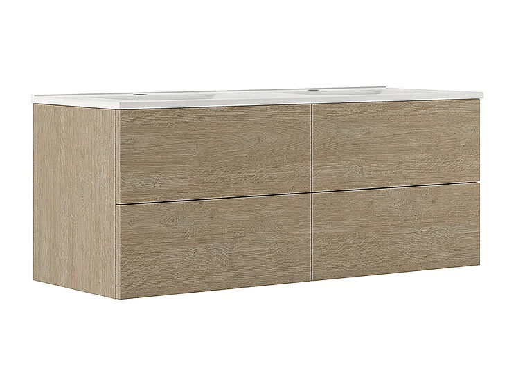 Meuble De Salle De Bain Éthérée, Finition Chêne Blanchi, 4 Tiroirs Et Double Lavabo