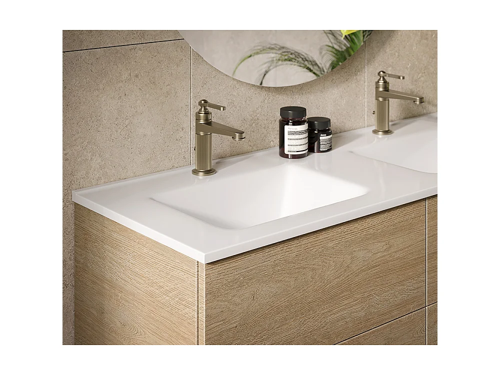 Meuble De Salle De Bain Éthérée, Finition Chêne Blanchi, 4 Tiroirs Et Double Lavabo