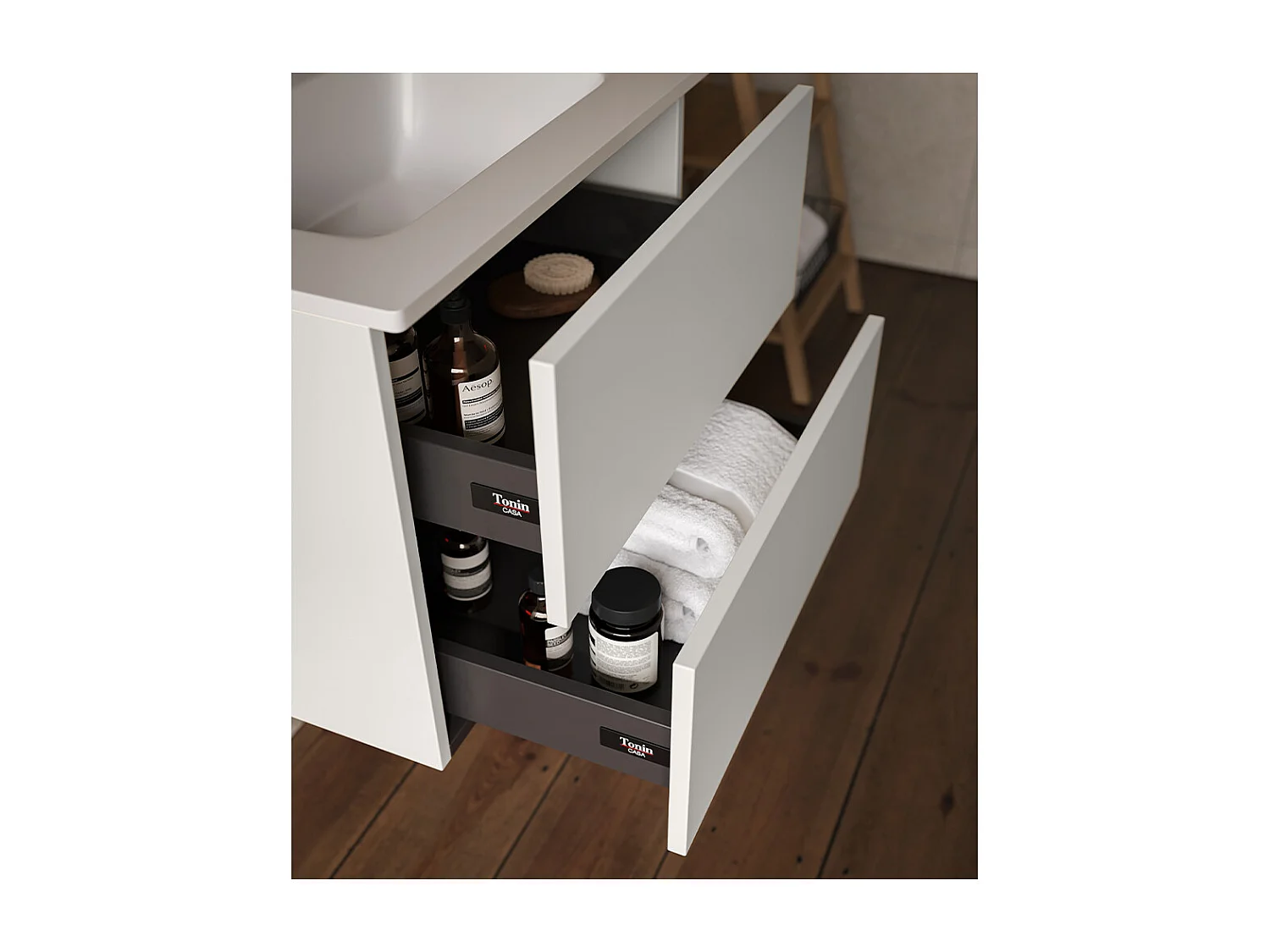 Meuble De Salle De Bain Éthéré, Finition Gris Clair, 2 Tiroirs Et Lavabo Central