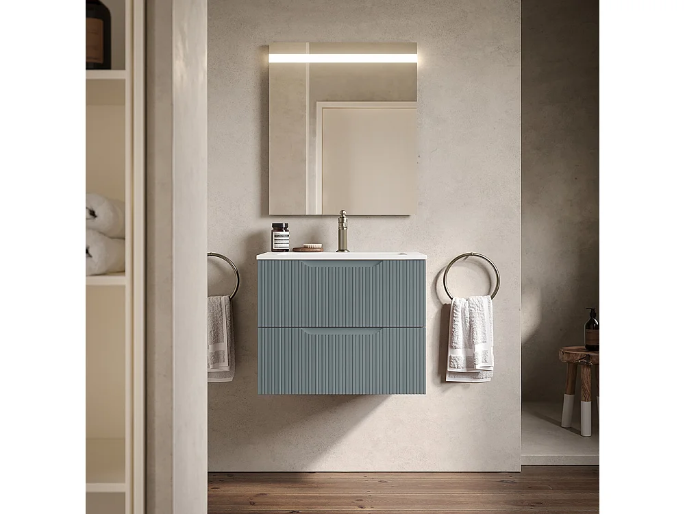 Version Vitrée Lynea À Nervures, Finition Gris Foncé, 2 Tiroirs Et Lavabo Central