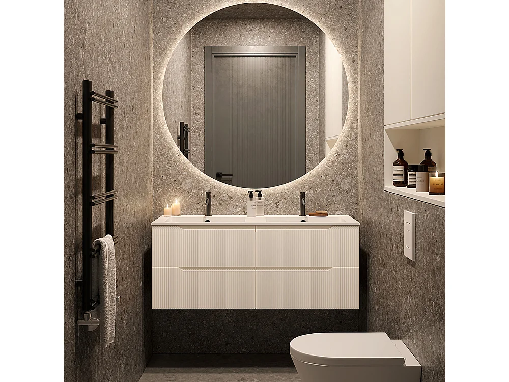 Lynea Badkamerkast Geribde Versie, Witte Afwerking, 4 Lades En 2 Wastafels