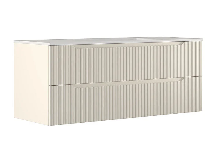 Lynea Badkamerkast Geribbeld Versie, Witte Afwerking, 2 Lades En Centrale Wastafel.