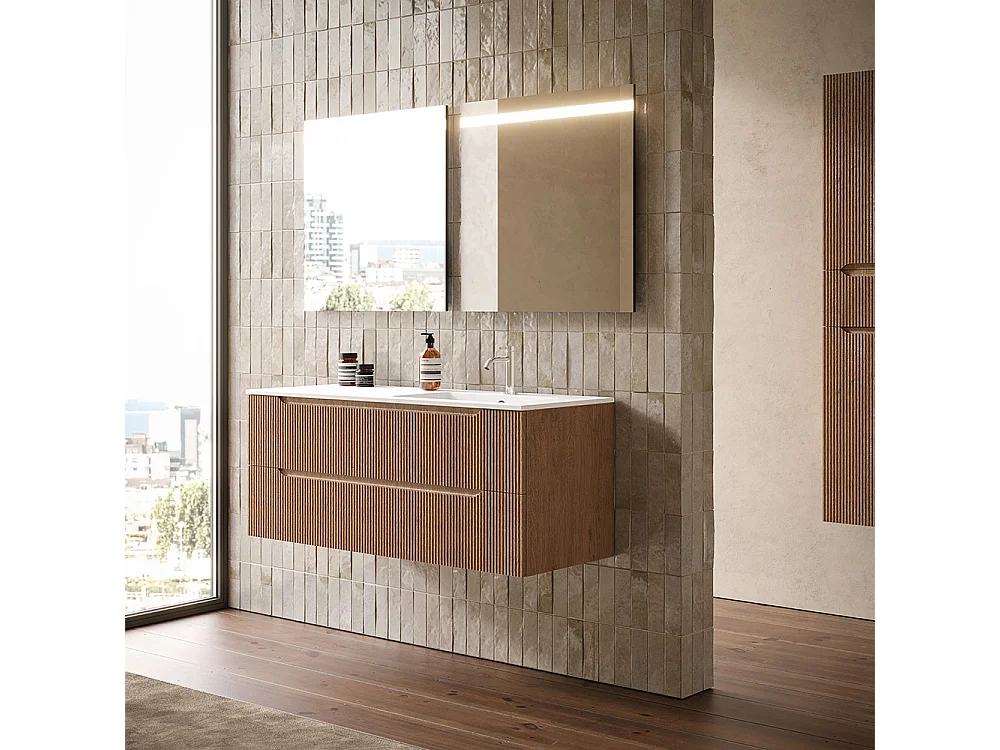 Lynea Badkamerkast Geribbeld Versie, Natuurlijke Eikenhouten Afwerking, 2 Lades En Wastafel Rechts