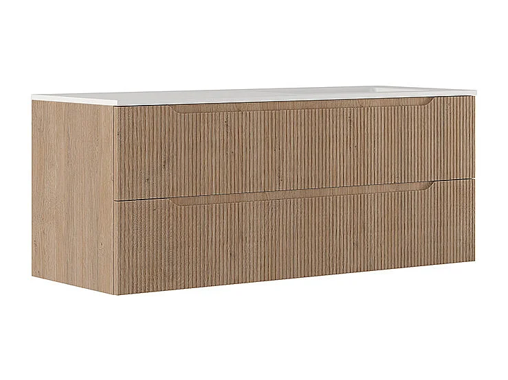 Lynea Badkamerkast Geribbeld Versie, Natuurlijke Eikenhouten Afwerking, 2 Lades En Wastafel Rechts