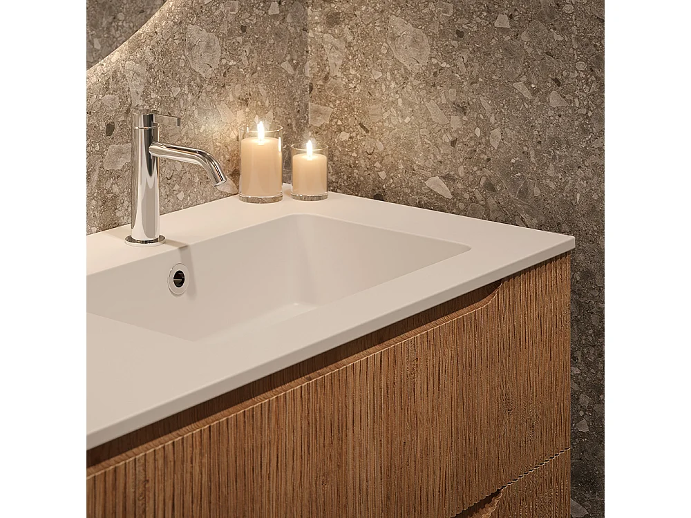 Lynea Badkamerkast Geribbeld Versie, Natuurlijke Eikenhouten Afwerking, 2 Lades En Wastafel Rechts