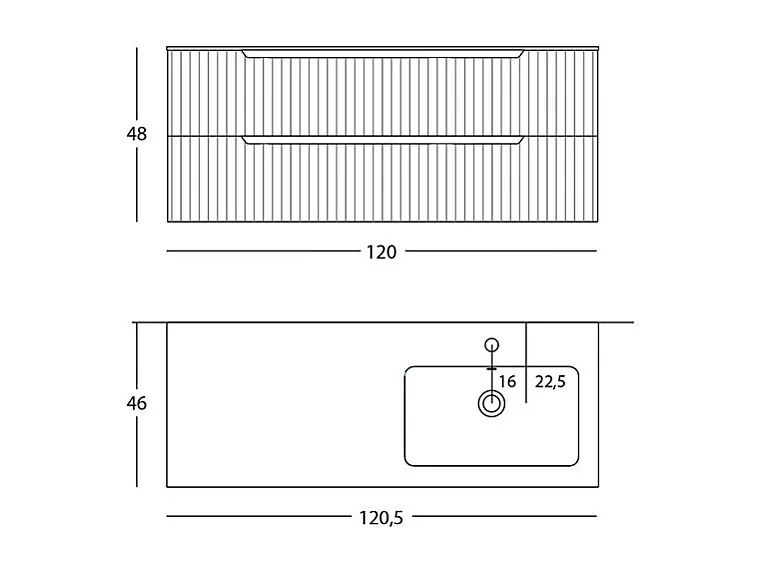 Lynea Badkamerkast Geribbeld Versie, Natuurlijke Eikenhouten Afwerking, 2 Lades En Wastafel Rechts