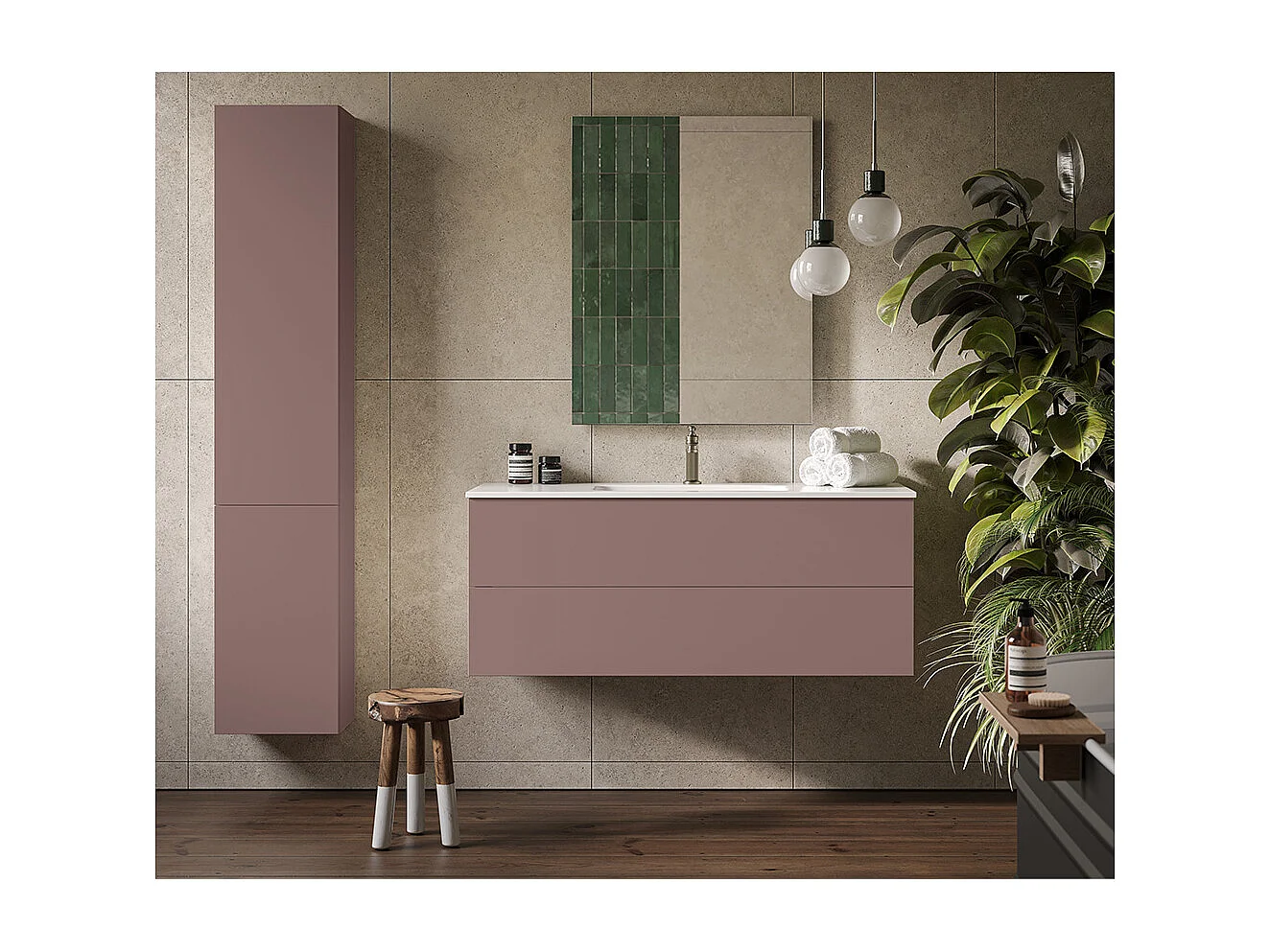 Etherische Badkamerkast, Bruine Afwerking, 2 Lades En Centrale Wastafel