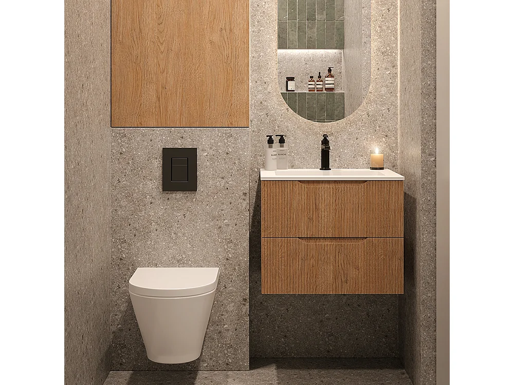 Lynea Badkamerkast Geribbelde Versie, Canaletto Walnootafwerking, 2 Lades En Centrale Wastafel