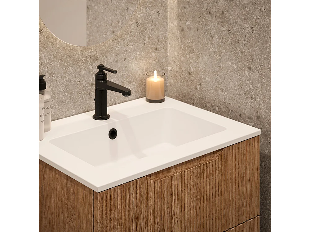 Lynea Badkamerkast Geribbelde Versie, Canaletto Walnootafwerking, 2 Lades En Centrale Wastafel