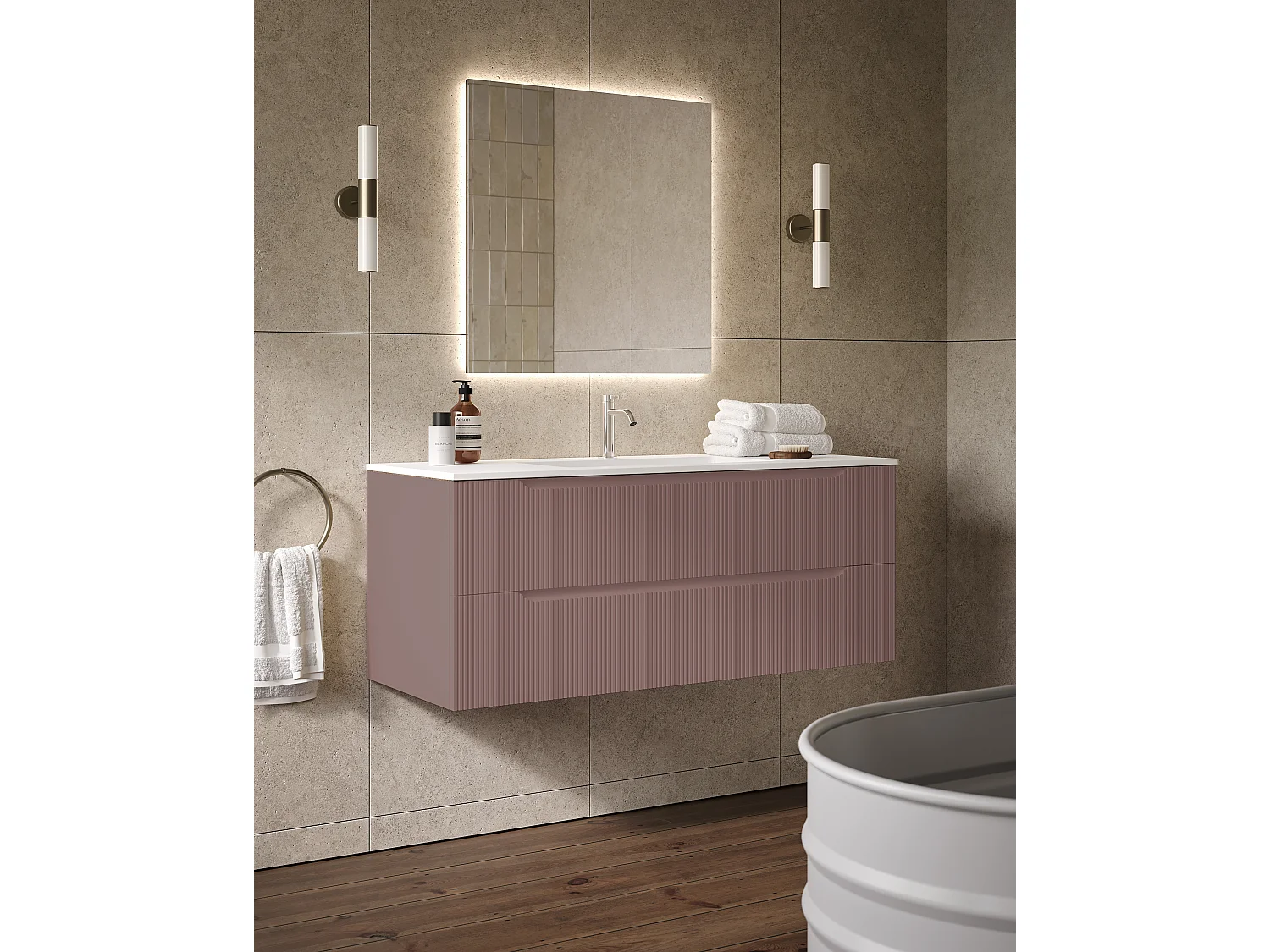 Lynea Badkamerkast Geribde Versie, Bruine Afwerking, 2 Lades En Centrale Wastafel