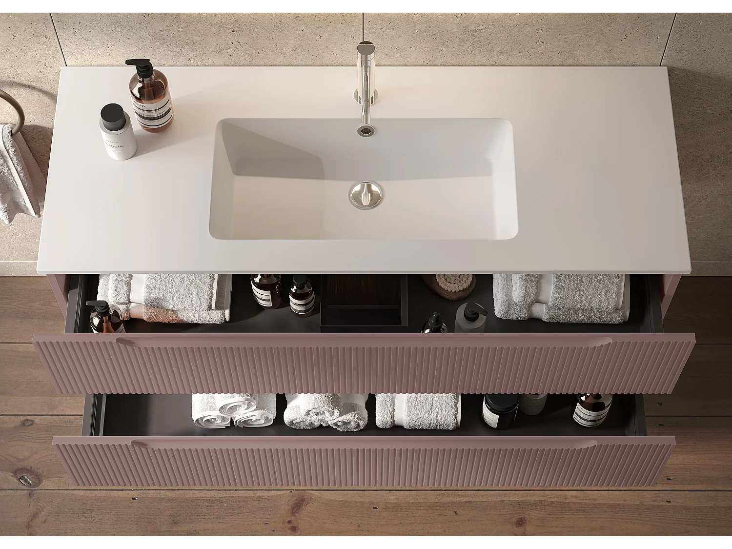 Lynea Badkamerkast Geribde Versie, Bruine Afwerking, 2 Lades En Centrale Wastafel