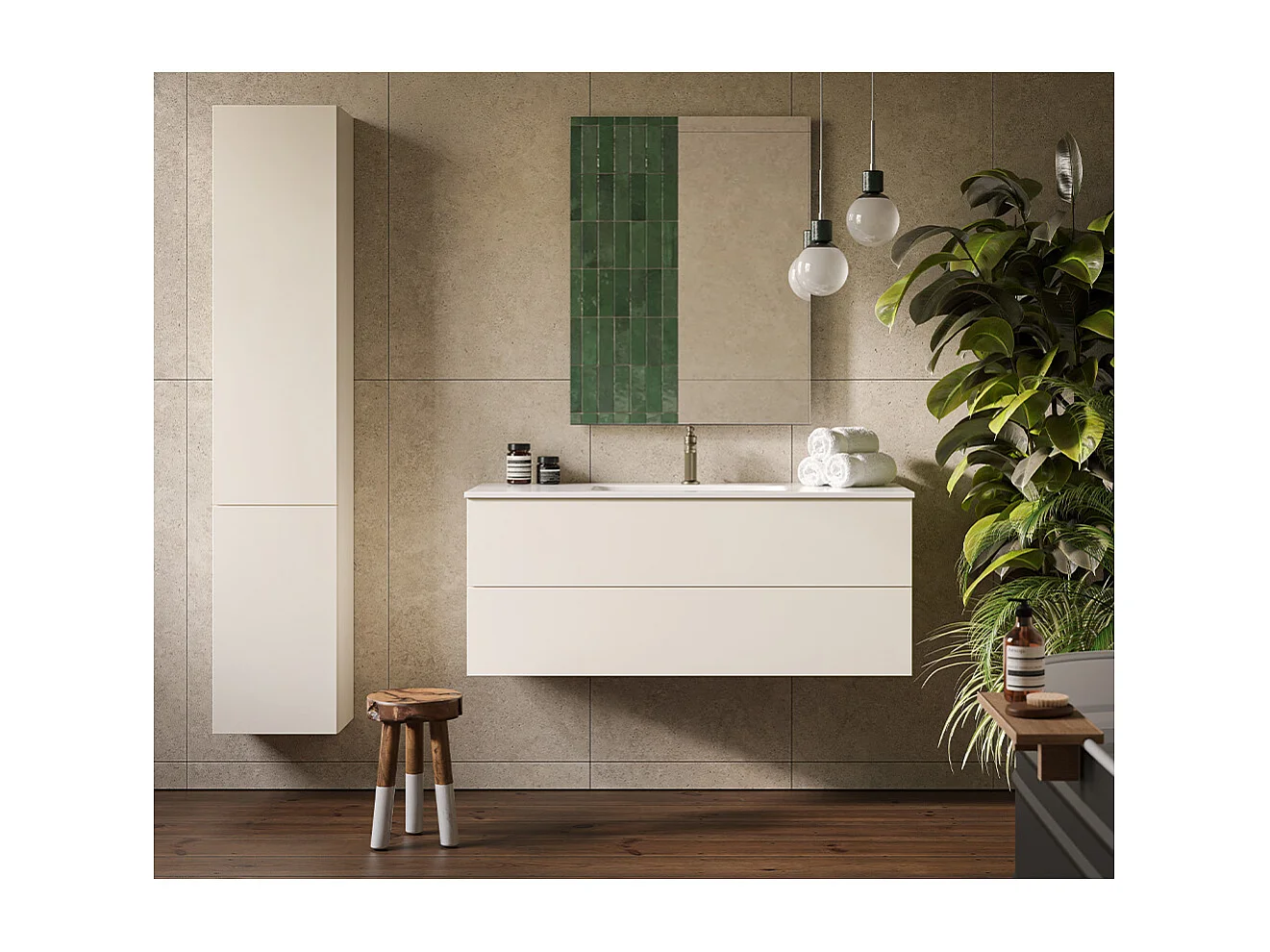 Etherische Badkamerkast, Witte Afwerking, 2 Lades En Centrale Wastafel