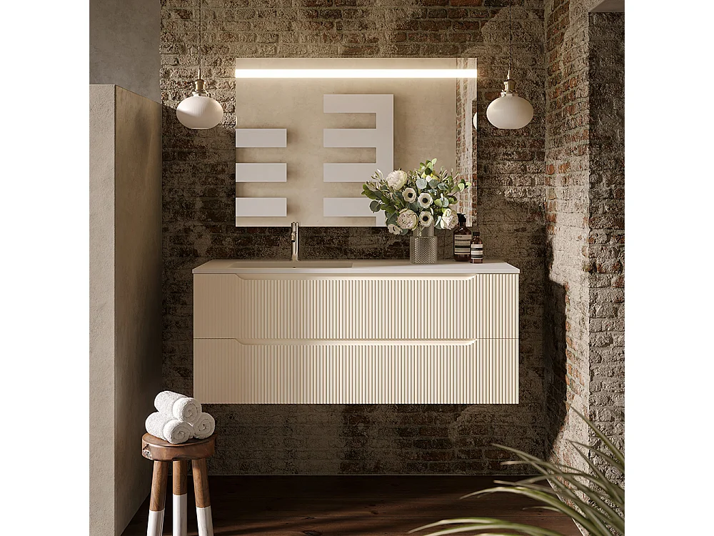 Lynea Badkamerkast Geribbde Versie, Witte Afwerking, 2 Lades En Wastafel Links