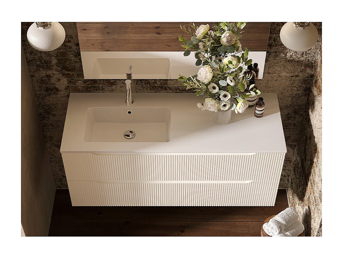 Lynea Badkamerkast Geribbde Versie, Witte Afwerking, 2 Lades En Wastafel Links