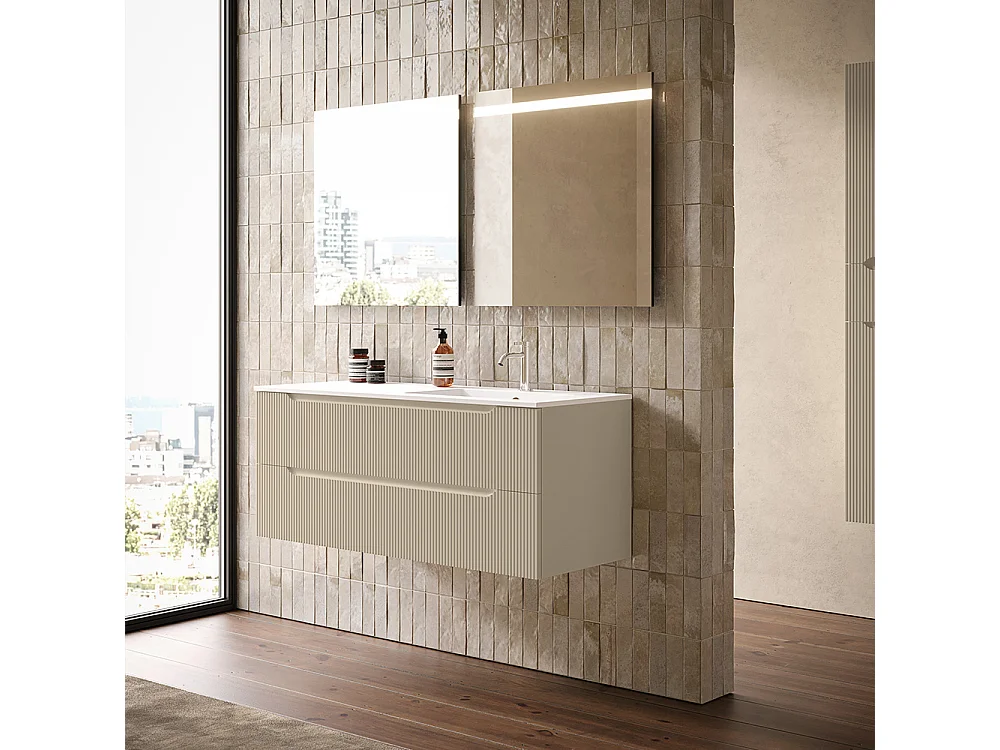 Lynea Badkamerkast Geribbeld Versie, Dove-Grijs Afwerking, 2 Lades En Wastafel Rechts