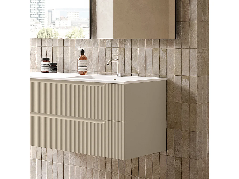 Lynea Badkamerkast Geribbeld Versie, Dove-Grijs Afwerking, 2 Lades En Wastafel Rechts