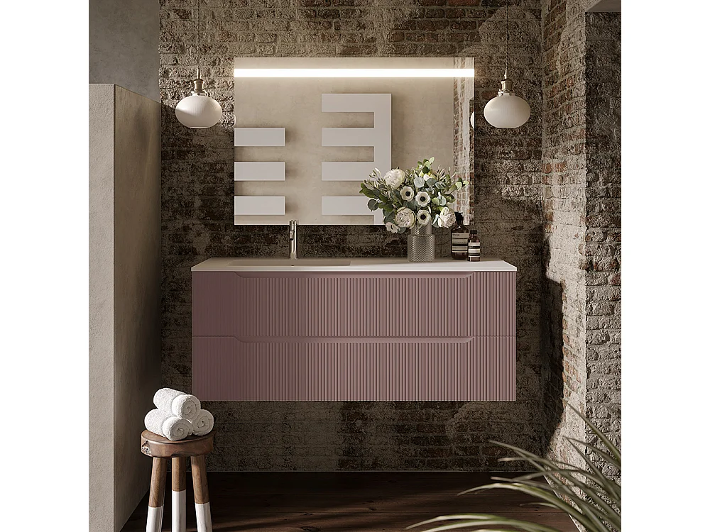 Lynea Badkamerkast Geribbelde Versie, Bruine Afwerking, 2 Lades En Wastafel Links