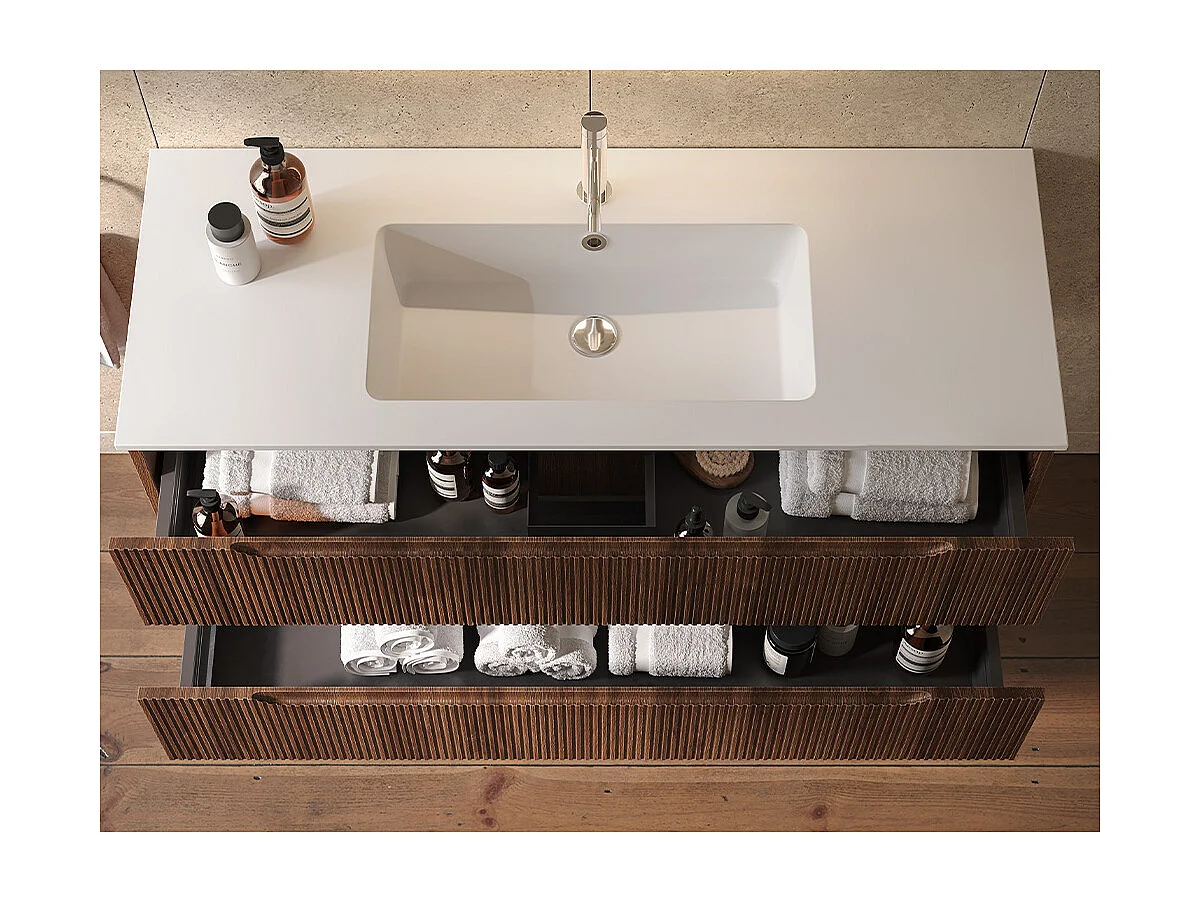 Lynea Badkamerkast Geribbelde Versie, Canaletto Walnootafwerking, 2 Lades En Centrale Wastafel