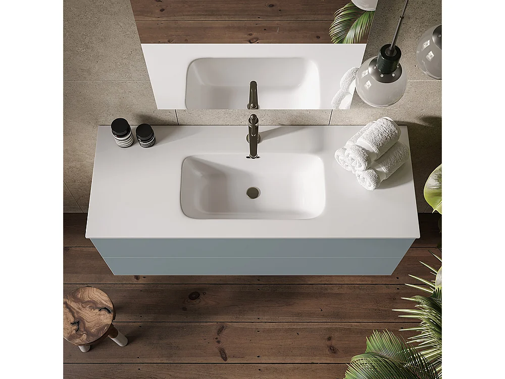 Placard De Salle De Bain Éthéré, Finition Gris Foncé, 2 Tiroirs Et Lavabo Central