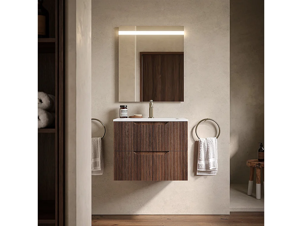 Lynea Badkamerkast Geribbelde Versie, Canaletto Walnootafwerking, 2 Lades En Centrale Wastafel