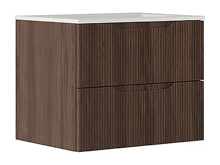 Lynea Badkamerkast Geribbelde Versie, Canaletto Walnootafwerking, 2 Lades En Centrale Wastafel