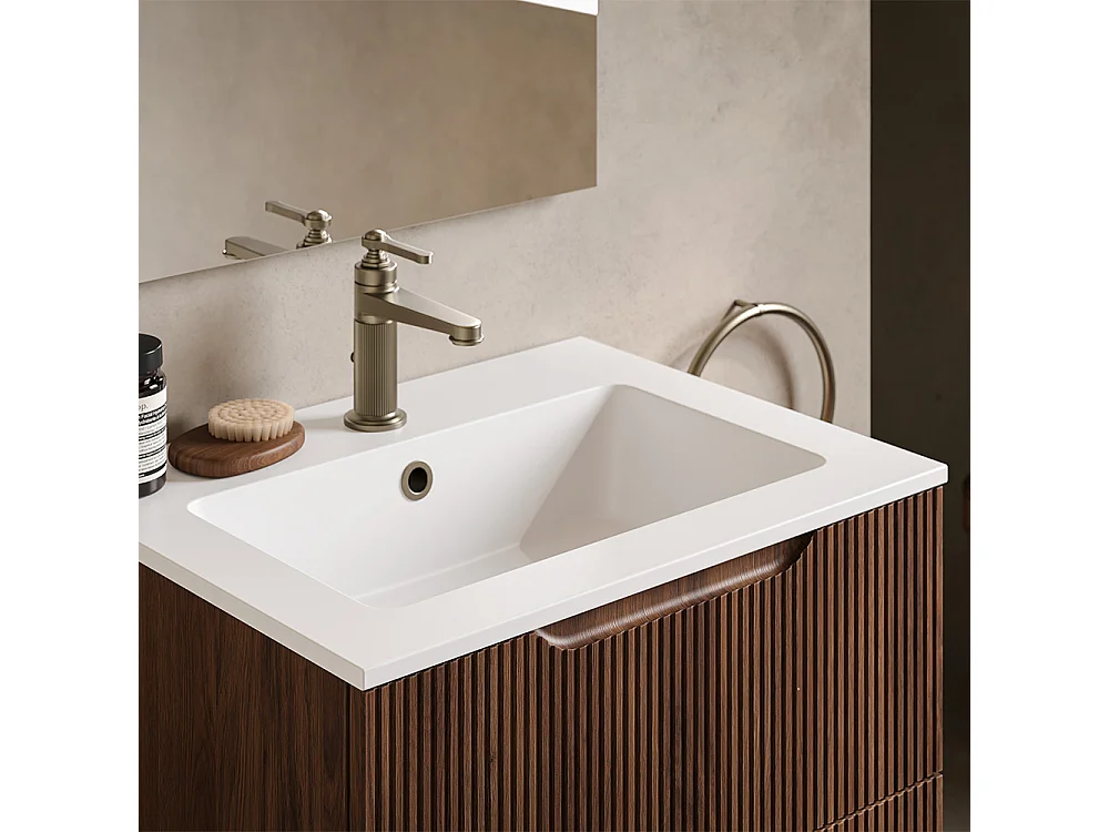 Lynea Badkamerkast Geribbelde Versie, Canaletto Walnootafwerking, 2 Lades En Centrale Wastafel