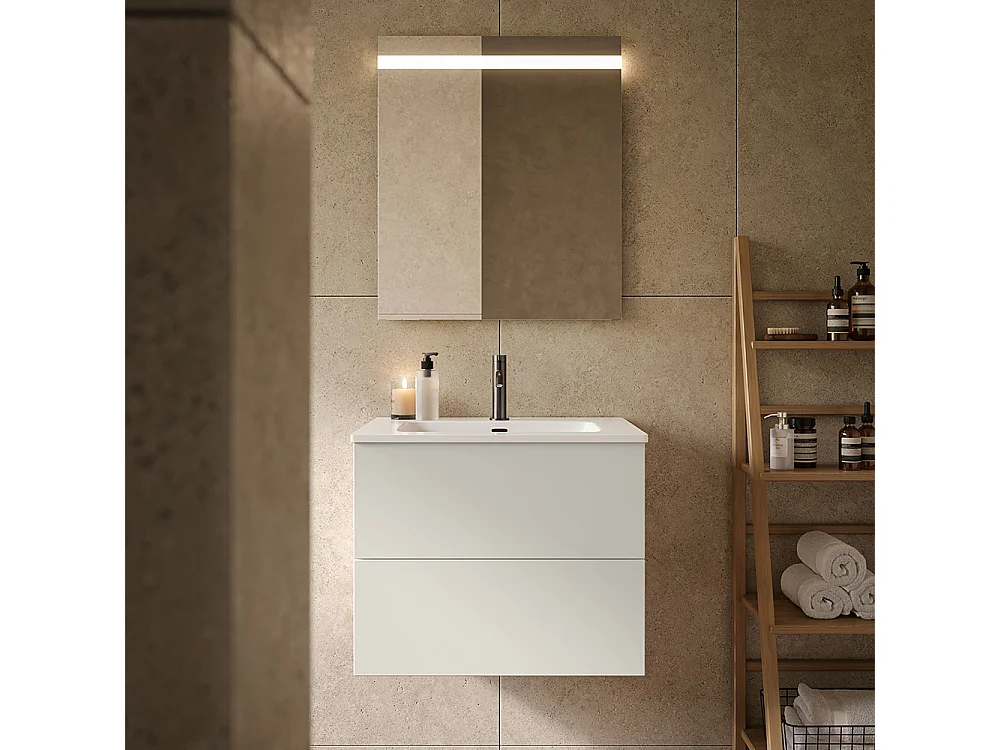 Meuble De Salle De Bain Éthéré, Finition Gris Clair, 2 Tiroirs Et Lavabo Central