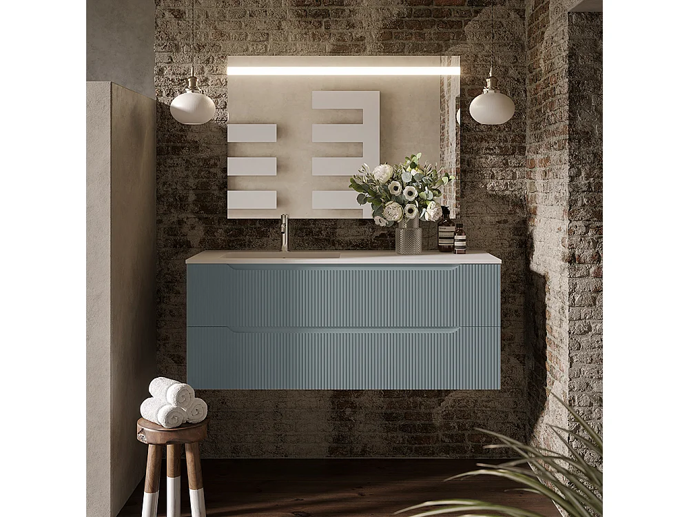 Version Rayurée Lynea D’Armoire De Salle De Bain, Finition Gris Foncé, 2 Tiroirs Et Lavabo À Gauche