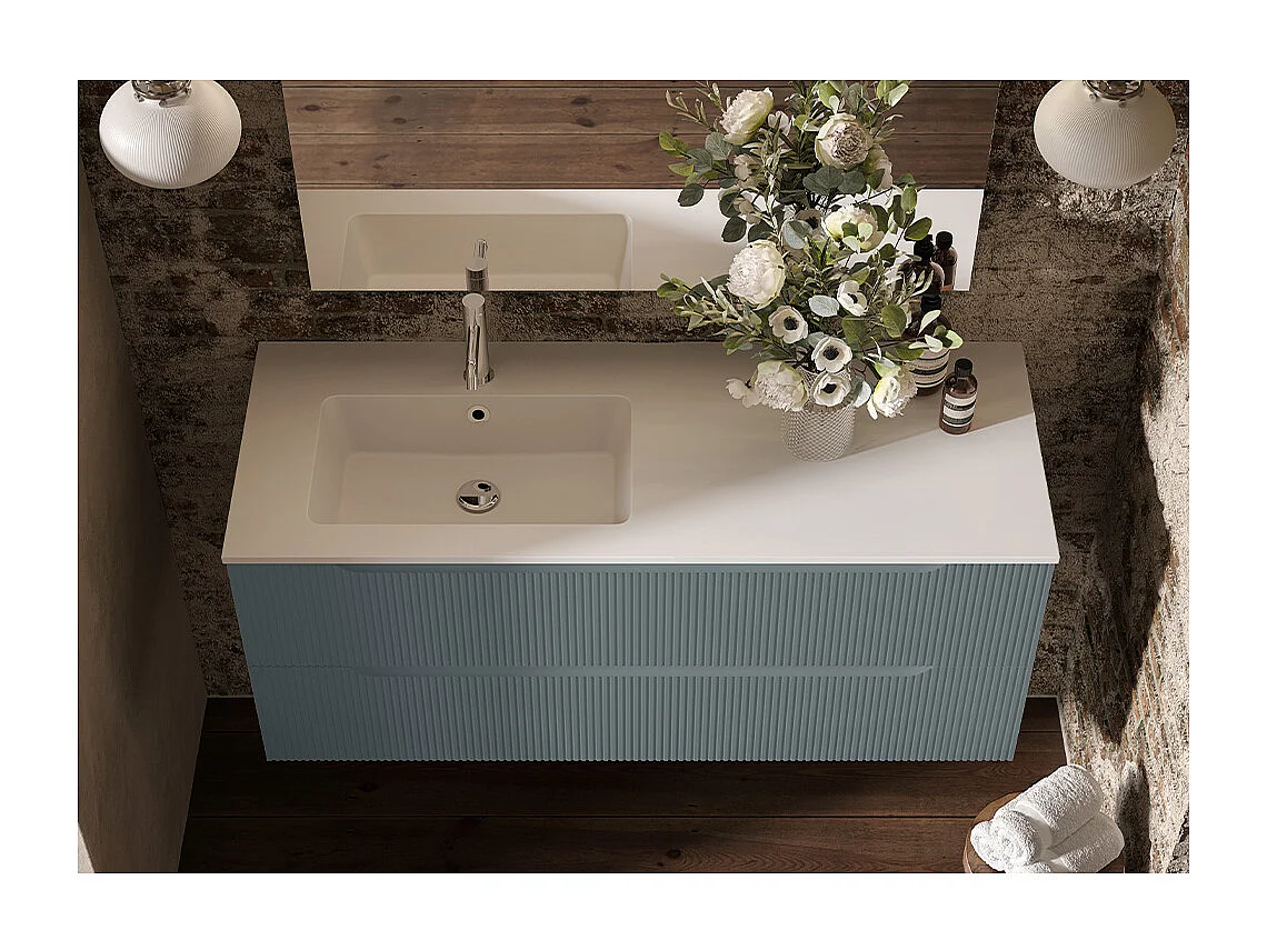 Version Rayurée Lynea D’Armoire De Salle De Bain, Finition Gris Foncé, 2 Tiroirs Et Lavabo À Gauche