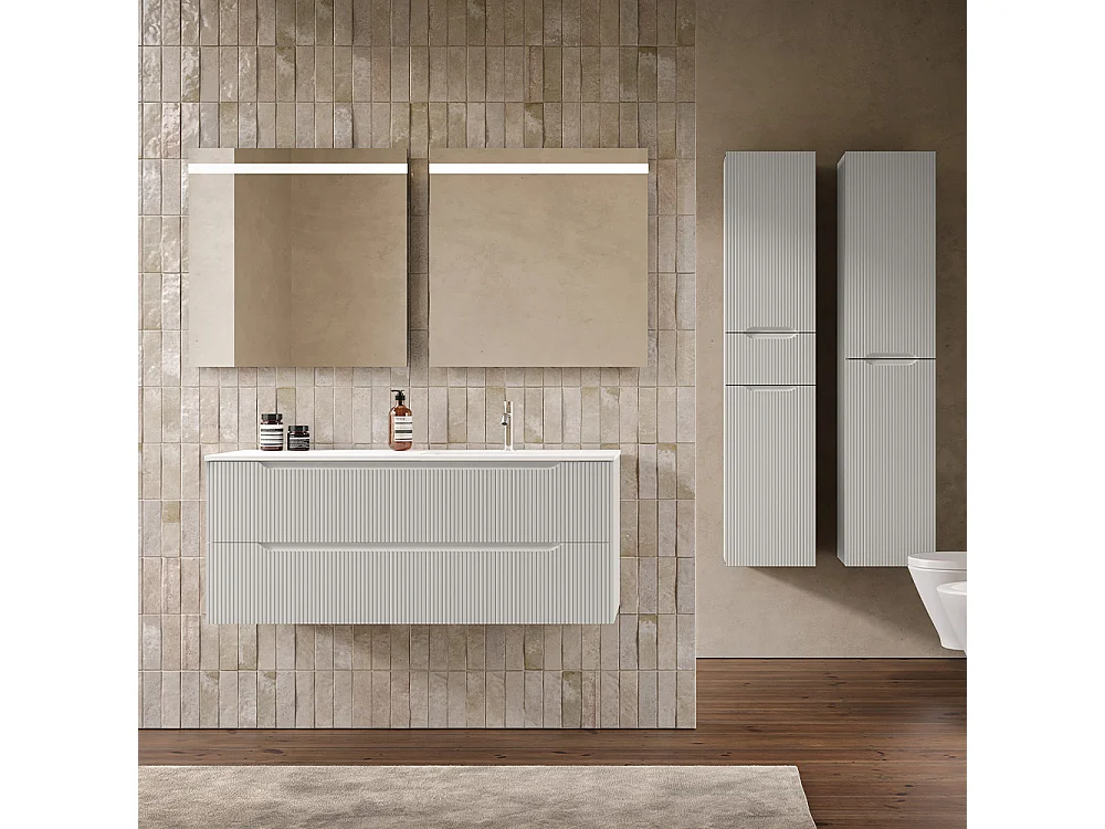 Version Vitrée Lynea Avec Caisse De Salle De Bain, Finition Gris Clair, 2 Tiroirs Et Lavabo À Droite