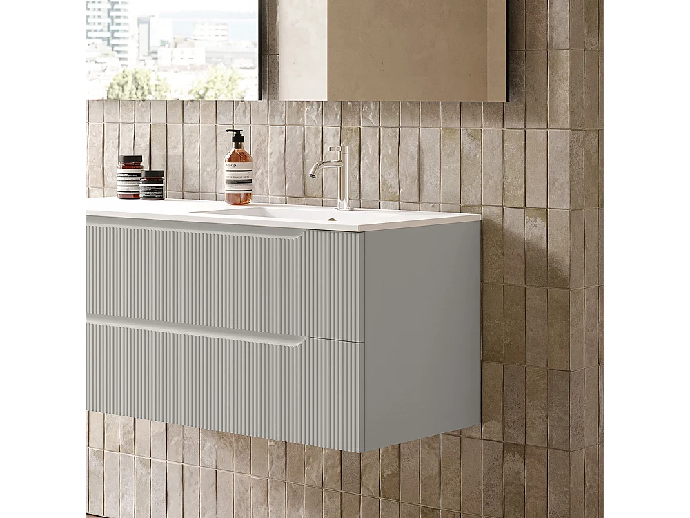 Version Vitrée Lynea Avec Caisse De Salle De Bain, Finition Gris Clair, 2 Tiroirs Et Lavabo À Droite